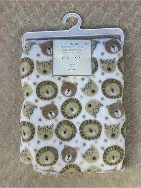 Babe Luxe Lion Bear Baby Blanket Brown White Tan Stars Leopard Teddy Soft
